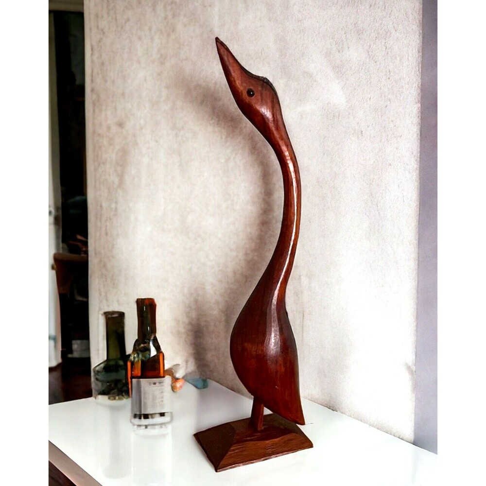 VTG Wooden Long Neck Crane Hand Carved Glossy Figurine Sculpture Folk Art Decor